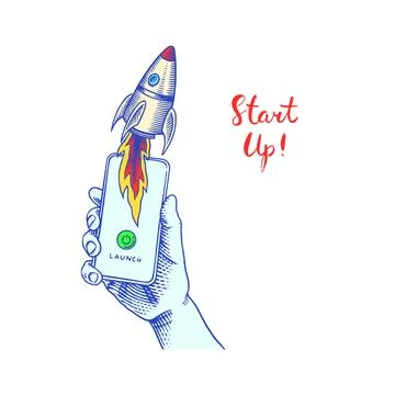 Hand holding mobile smartphone with launching rocket. Startup project, start Stock Illustration