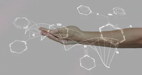 Hand holding molecular structures, animation of chemical bonds and elements Stockbeeldmateriaal 310821222