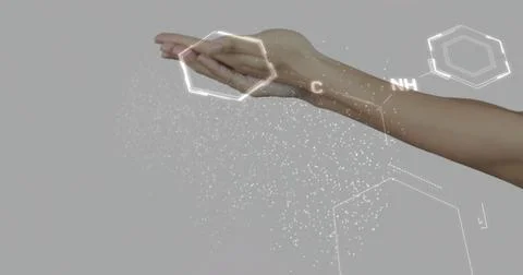 Hand holding molecular structures, image of chemical bonds and elements Stock Photos