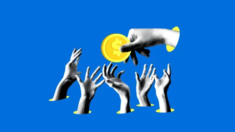 Hand holding money in front of a crowd of poor people. Concept of poverty Stock Footage 332700938