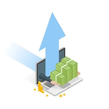 Hand holding money stack. Isometric laptop with arrow up vector illustration Stock Illustration