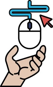A hand holding a mouse with a blue and red arrow pointing to it Stockillustratie