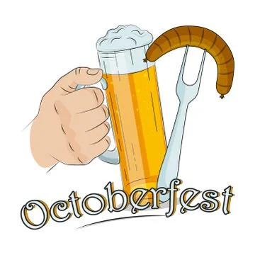Hand holding a mug with light beer, sausage on fork, octoberfest text. Stock Illustration