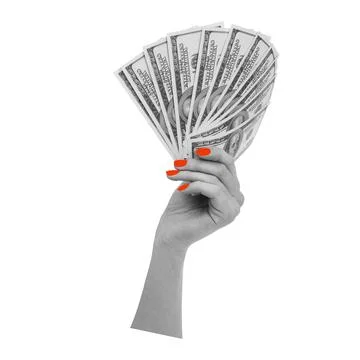 Hand holding multiple bills against a white background Stock Photos