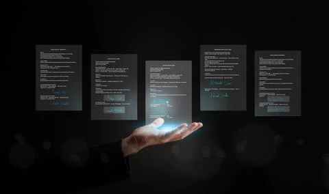 Hand holding multiple digital agreements and electronic documents in virtua.. Foto stock