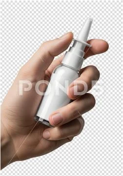 Hand holding nasal spray bottle, allergy relief or medical treatment PSD Template