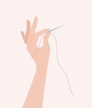 Hand holding needle with red thread, flat vector illustration Stock Illustration