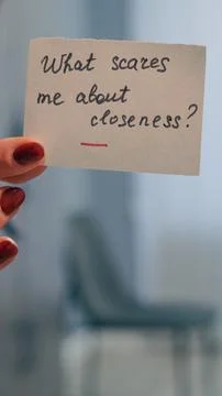 A hand holding a note with the question What scares me about closeness?. Stock Photos