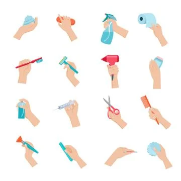 Hand holding objects icons set Illustration