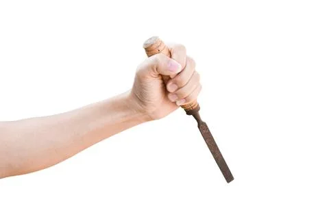 Hand holding old rusty chisel isolated on white background with clipping path Stock Photos