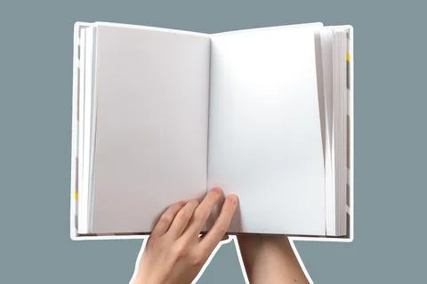 Hand holding an open book with blank pages, symbolizing the potential for Stock Photos