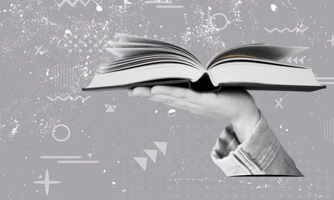 A hand holding an open book with graphical shapes on an abstract background. Stock Illustration