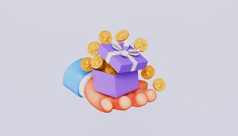 Hand holding open gift box full of money, Lucky win surprise, Cash win Stock Illustration