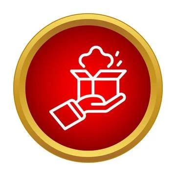 Hand holding opening gift box icon red button Stock Illustration