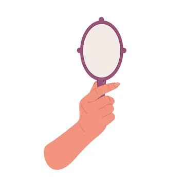 Hand holding oval shaped mirror.Flat cartoon illustration Stock Illustration
