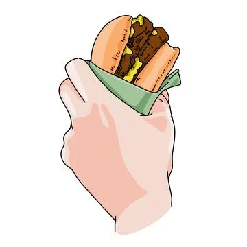 Hand holding a package of hamburger double meat with cheese. Fast food illustrat Stock-Illustration