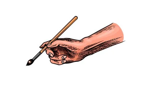 Hand holding paintbrush. Art process or Drawing, handwriting. Vintage ink style Stock Illustration