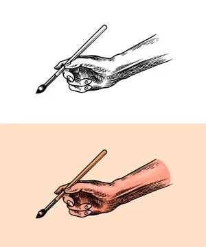 Hand holding paintbrush. Art process or Drawing, handwriting. Vintage ink style Stock Illustration