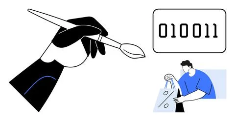 Hand Holding Paintbrush with Binary Code and Shopper with Discount Bag Illu.. Illustrazione stock