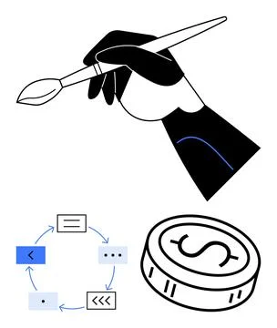 Hand Holding Paintbrush with Circular Flowchart and Coin Icons Reflecting C.. 스톡 일러스트