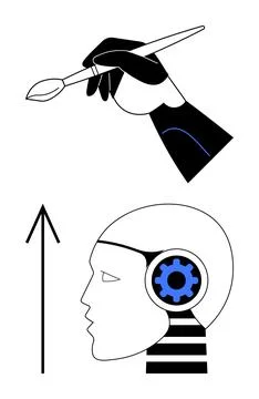 Hand holding paintbrush, robotic head with gears, upward arrow signifying pro Stock Illustration