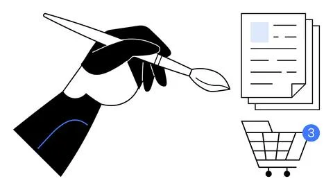 Hand holding paintbrush, stack of documents, and shopping cart with notificat Illustrazione stock