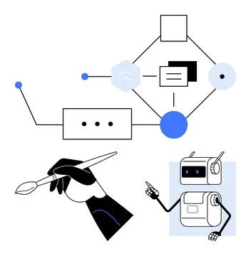 Hand Holding Paintbrush, Workflow Diagram, and Robot Discussing Creative Pr.. Stock Illustration