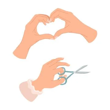Hand Holding Pair of Scissors and Showing Heart Gesture Vector Set Stock Illustration