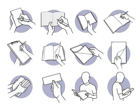 Hand holding paper, note, book, pencil, pen, and documents. Vector illustrati Stock Illustration