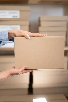 Hand holding parcel box. Concept for transportation and delivery. Stock Photos