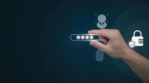 Hand holding password lock icon with security symbols Stock Photos