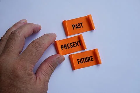Hand holding PAST PRESENT FUTURE printed paper. Self-development concept Stock Photos