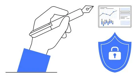 Hand holding pen, data analytics chart, and security shield with lock symbol. Stock Illustration