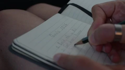 Hand holding a pen over a lined notepad, creating a yearly goals list. Vidéo 323128993