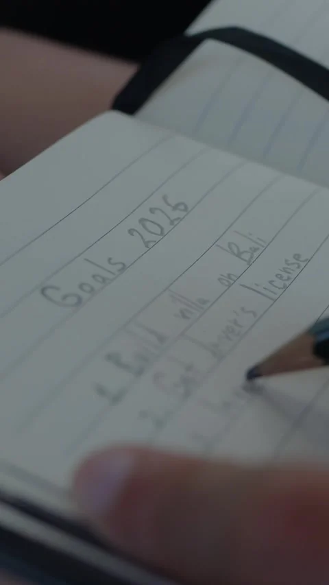 Hand holding a pen over a lined notepad, creating a yearly goals list... Video stock 344455019