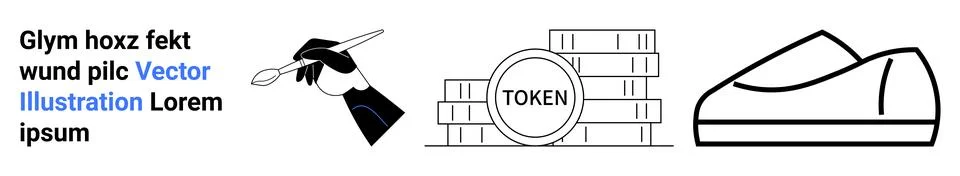 Hand Holding Pen, Stack of Tokens, Modern Shoe Outline with Random Text 库存插图