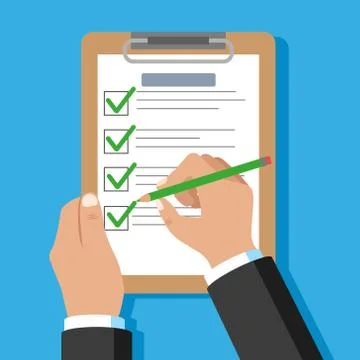 Hand holding pencil with checklist. Vector illustration. Stock-Illustration