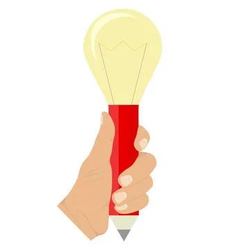A hand is holding a pencil with a light bulb. The concept of a creative idea. Stock Illustration