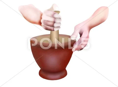 Hand Holding Pestle and Mortar Isolated on White Background Stock Illustration
