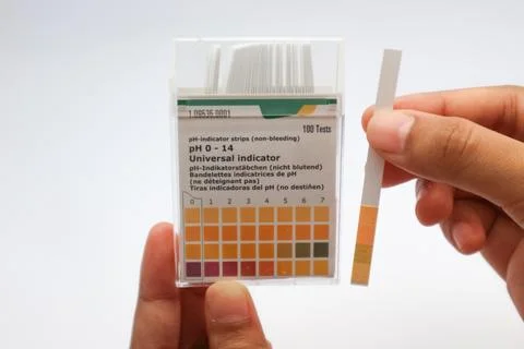 A hand holding pH indicator test strips. Foto stock