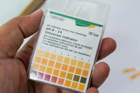 A hand holding pH indicator test strips. Foto stock