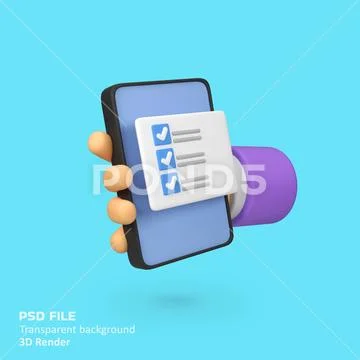 Hand holding phone with checklist isolated 3d render icon illustration PSDテンプレート