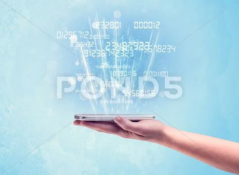 Hand holding phone with digital numbers Stock Photos