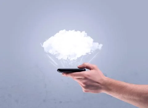 Hand holding phone with empty cloud Foto stock