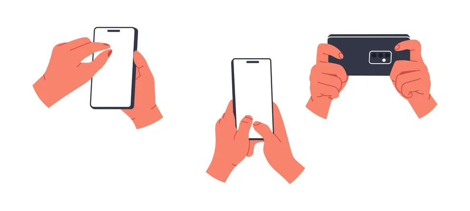 Hand holding phone. Empty screen, phone mockup. advertisement mobile . Isol.. Stock Illustration