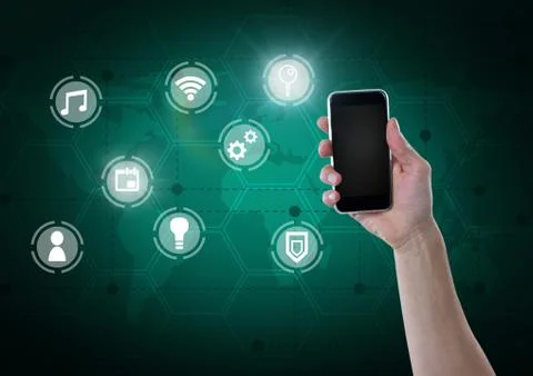Hand holding phone with icons interface of internet of things Stock Photos
