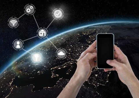 Hand holding phone with icons interface of internet of things Stock Photos
