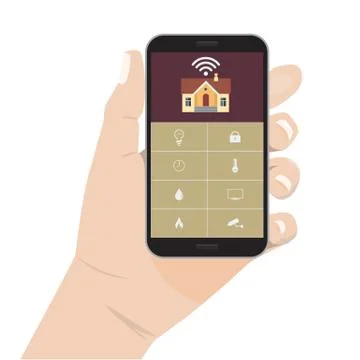 Hand holding phone. Modern vector illustration concept of smart house. 库存插图
