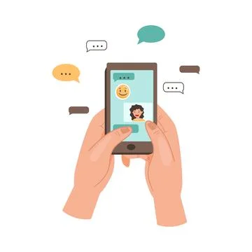 Hand Holding Phone Text Messaging and Chatting in App Using Internet Vector Illustrazione stock