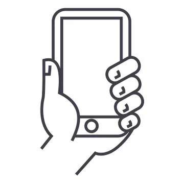 Hand holding phone vector line icon, sign, illustration on background, editable Stock Illustration